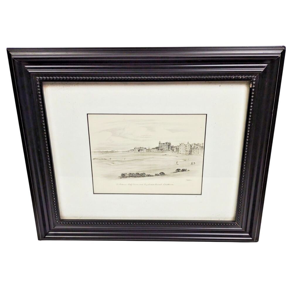 Framed Signed Pencil Etching St Andrews Royal Ancient Golf Club House 17x14 Rare